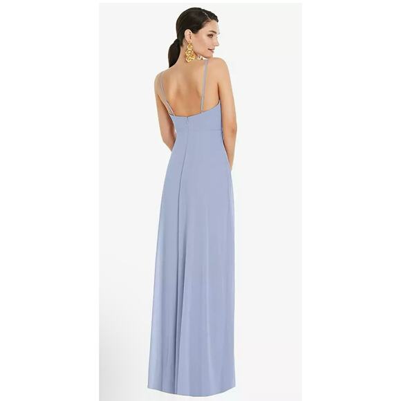 NWT! Lovely LB036 Sky Blue Chiffon Wrap Bodice Maxi Dress Front Slit Sz 2 - Picture 2 of 8